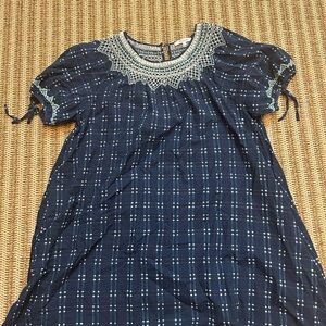 Madewell Navy Blue Plaid Dress with Embroidered Neckline